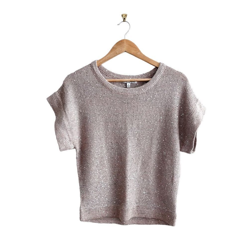 WD.NY Sweater Light Pink Blush Silver Sequin Open Knit Short Sleeve Women's M